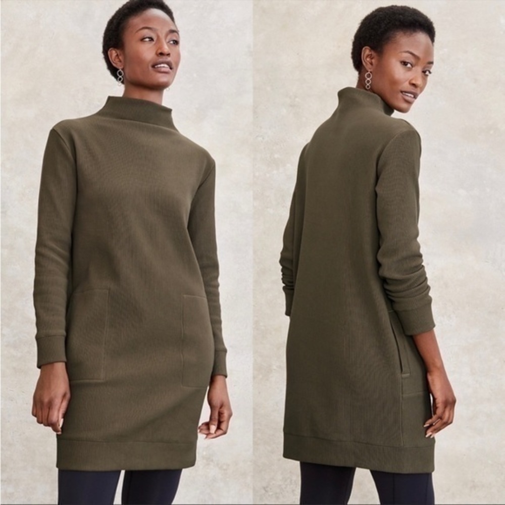 Garnet Hill Organic Cotton Ribbed Cocoon Dress Olive Funnel Neck Stretch NWT